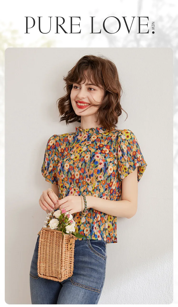 LOUIS YAO Floral Shirt 2026 Summer Women's Blouse French Style O Neck Short Sleeve Elegant Blouses Pullover Top