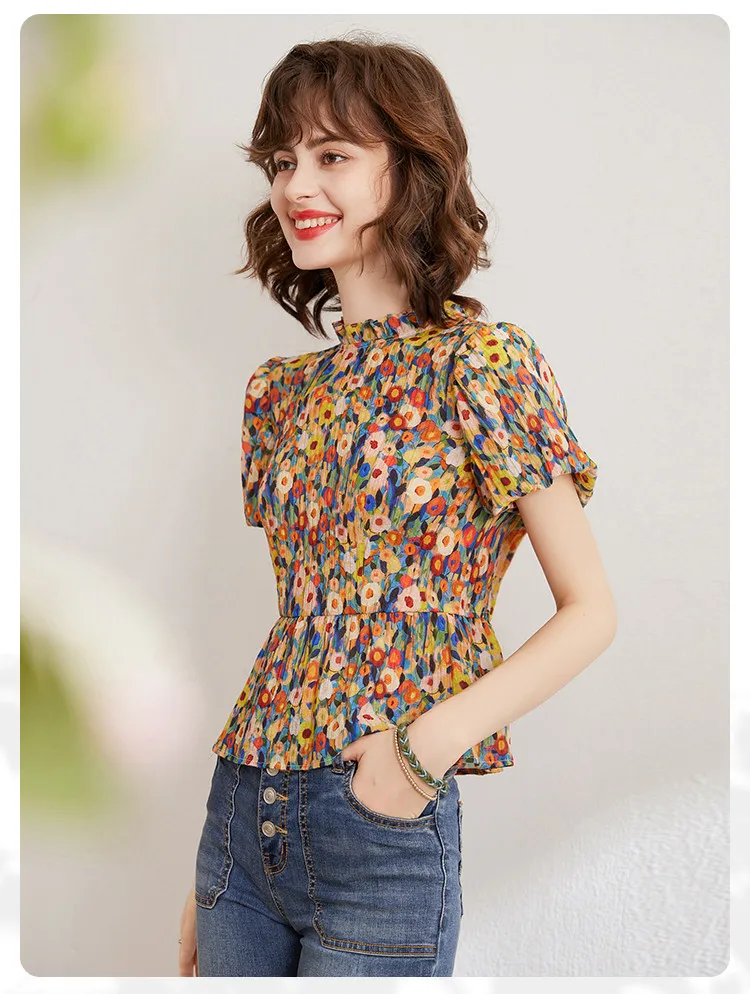 LOUIS YAO Floral Shirt 2026 Summer Women's Blouse French Style O Neck Short Sleeve Elegant Blouses Pullover Top