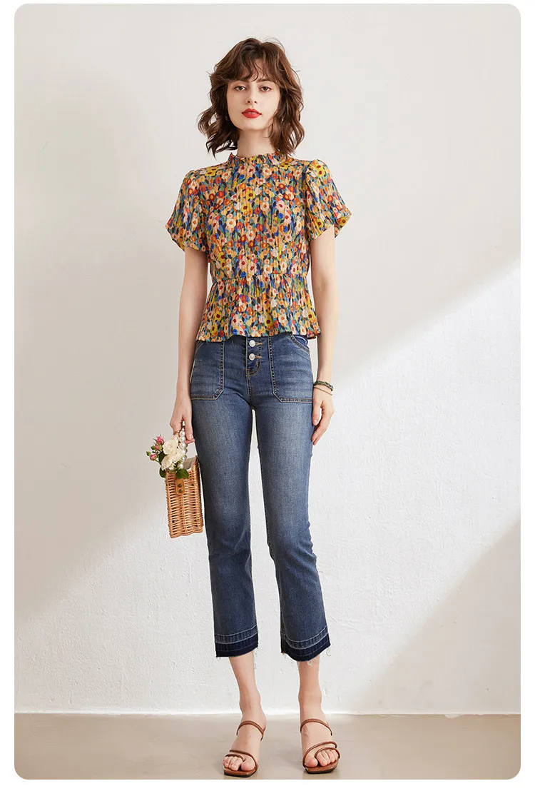 LOUIS YAO Floral Shirt 2026 Summer Women's Blouse French Style O Neck Short Sleeve Elegant Blouses Pullover Top