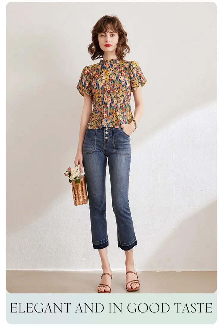 LOUIS YAO Floral Shirt 2026 Summer Women's Blouse French Style O Neck Short Sleeve Elegant Blouses Pullover Top