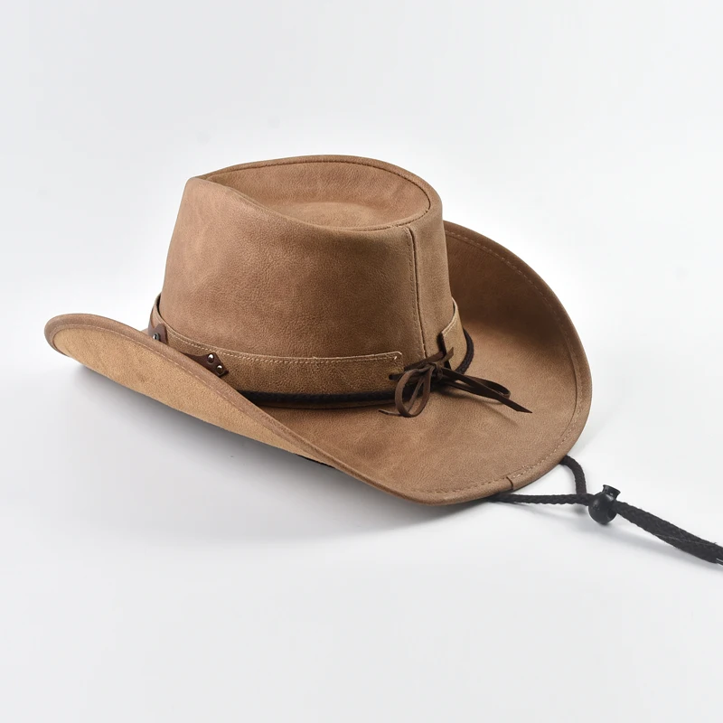 100% Leather Western Cowboy Hat for Men Wide Brim Gentleman Church Cowgirl Jazz Hats Pamama Windproof Rope Hat
