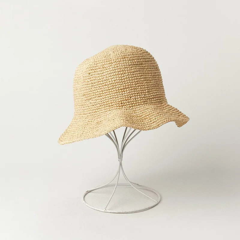 Fashion Raffia Fine Needle Luxury Bucket Hat For Women Summer Sun Shading Fisherman Hat Designer Wide Brim Basin Hat K Pop