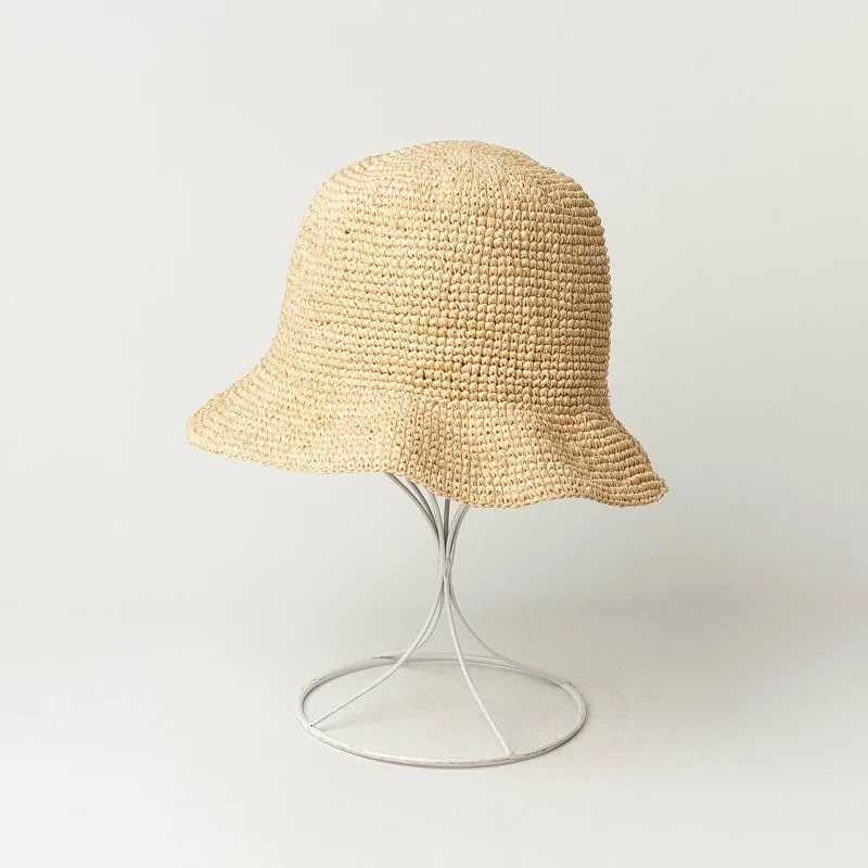 Fashion Raffia Fine Needle Luxury Bucket Hat For Women Summer Sun Shading Fisherman Hat Designer Wide Brim Basin Hat K Pop
