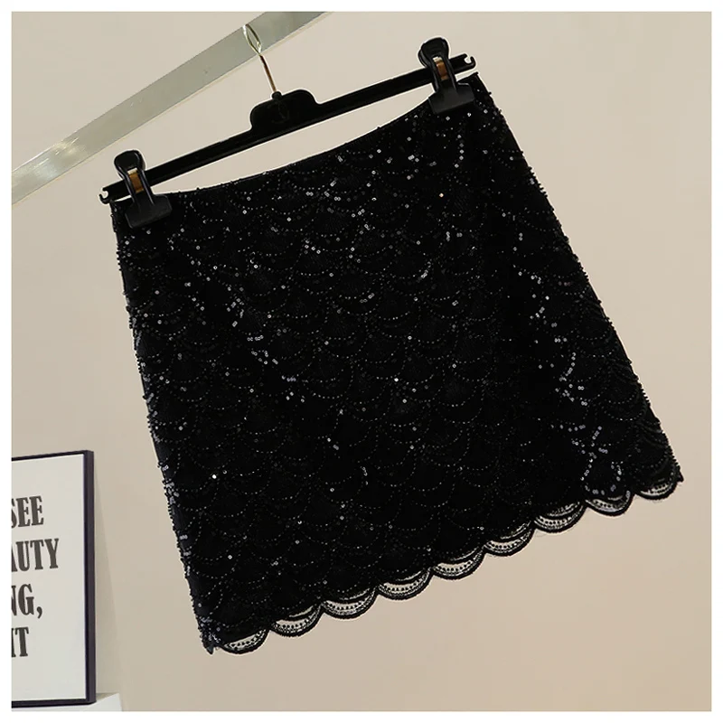 Fashion Bling Skirts High Waist Sequins And Beading A-line Mujer Mini Skirt Casual Sexy Women Clothe