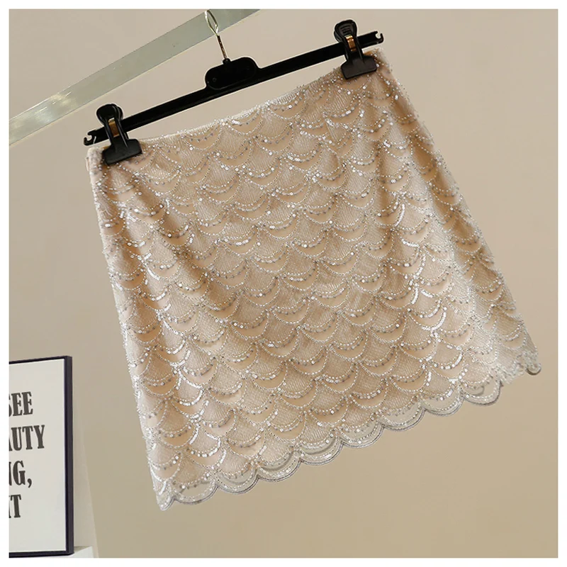 Fashion Bling Skirts High Waist Sequins And Beading A-line Mujer Mini Skirt Casual Sexy Women Clothe
