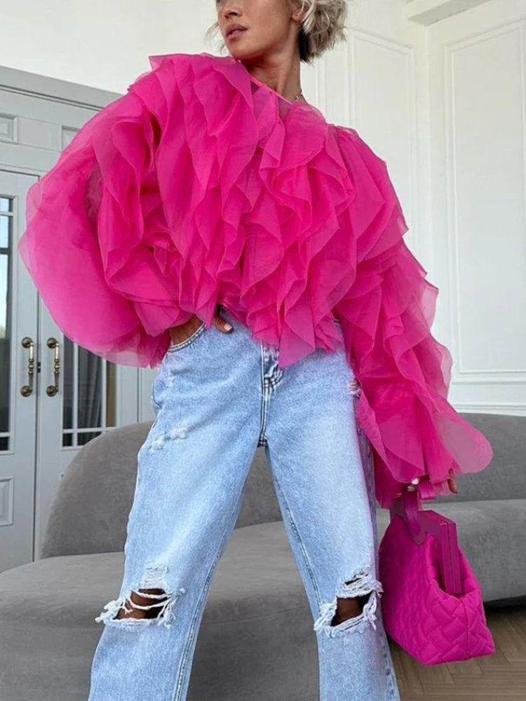 TWOTWINSTYLE Ruffles Shirts For Women Pullover Blouse Female Fashion Style