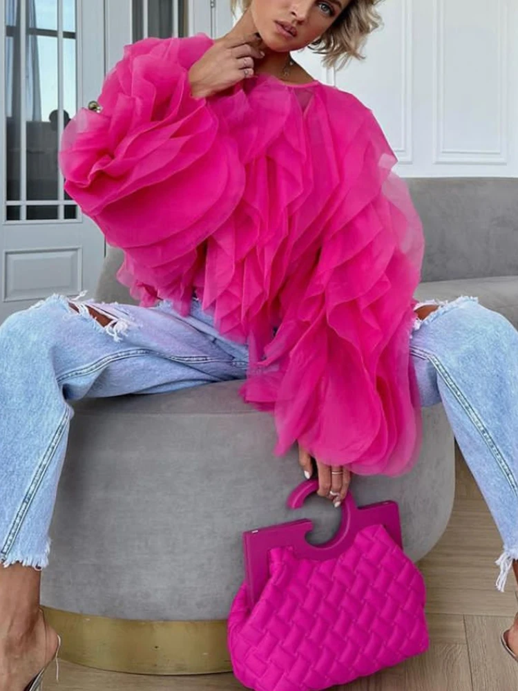 TWOTWINSTYLE Ruffles Shirts For Women Pullover Blouse Female Fashion Style
