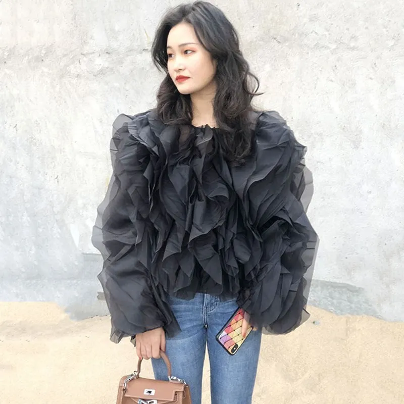 TWOTWINSTYLE Ruffles Shirts For Women Pullover Blouse Female Fashion Style
