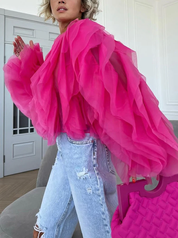TWOTWINSTYLE Ruffles Shirts For Women Pullover Blouse Female Fashion Style