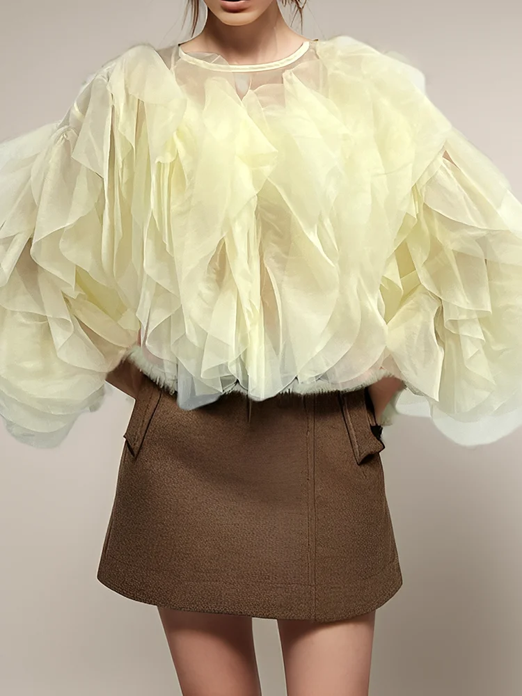 TWOTWINSTYLE Ruffles Shirts For Women Pullover Blouse Female Fashion Style