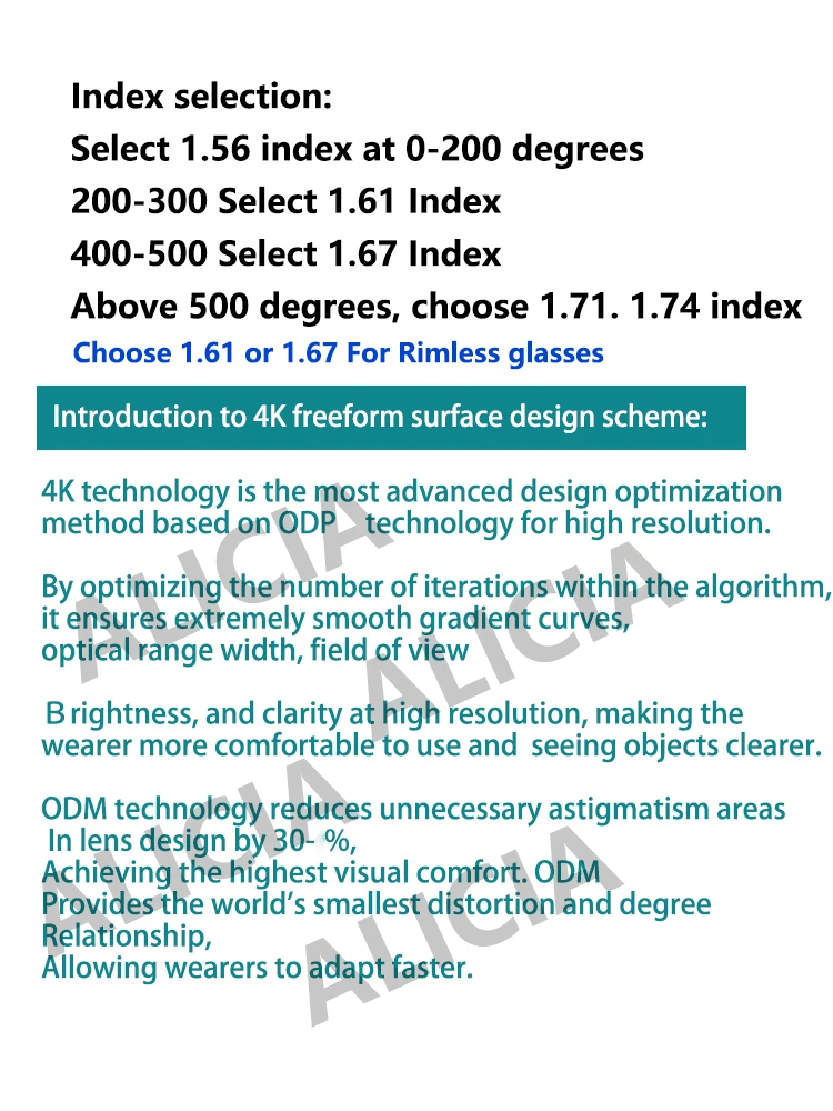 ALICIA 1.56 1.61 1.67 1.74Anti-scratch Anti-blue Photochromic 4K Widest Field of View Progressive Multi-focal Lens 1 Pair
