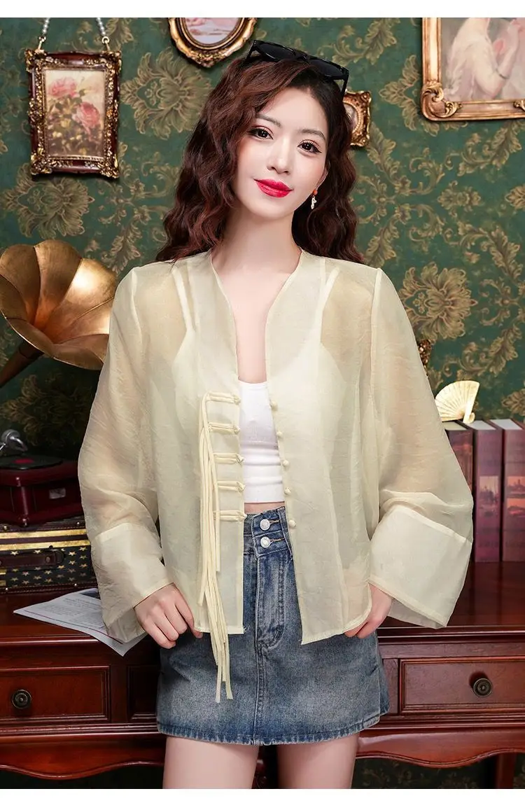 New Chinese Fashion Western Style Thin Shirt Women's Button Chiffon Shirt Summer Loose Sun Protection Office Lady's Solid Blouse