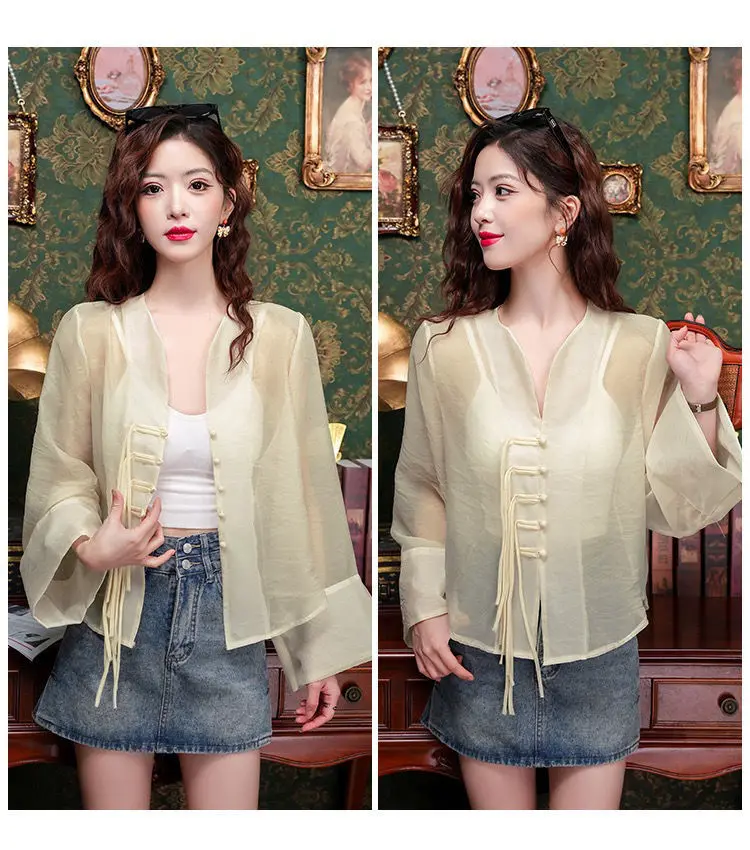 New Chinese Fashion Western Style Thin Shirt Women's Button Chiffon Shirt Summer Loose Sun Protection Office Lady's Solid Blouse