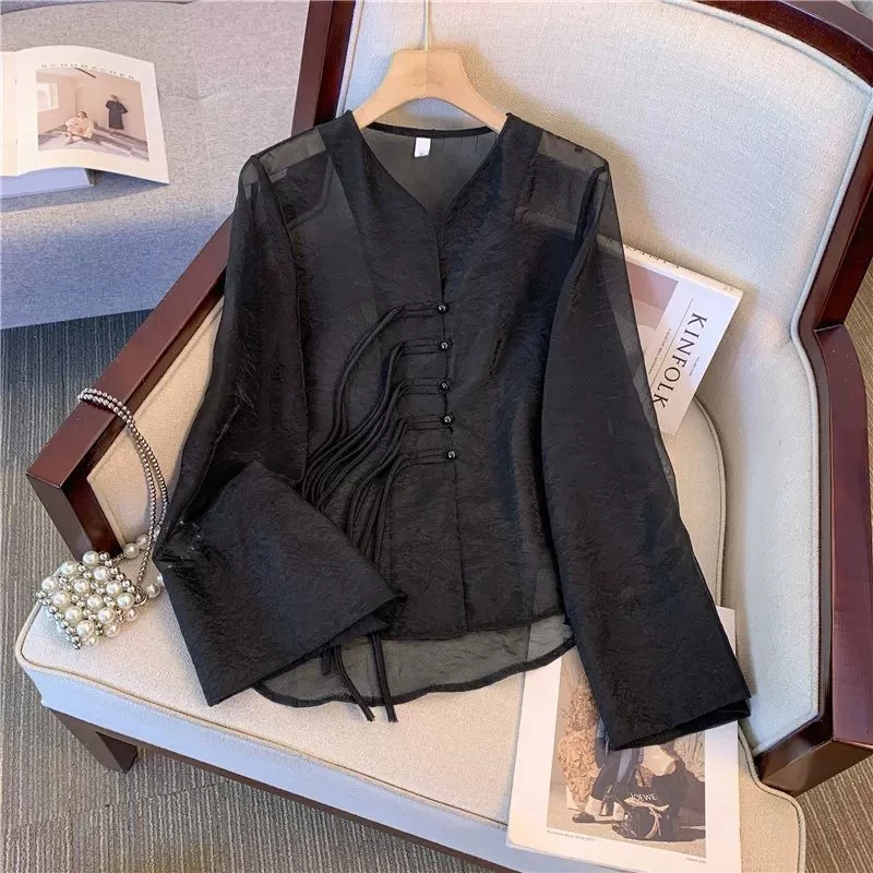 New Chinese Fashion Western Style Thin Shirt Women's Button Chiffon Shirt Summer Loose Sun Protection Office Lady's Solid Blouse
