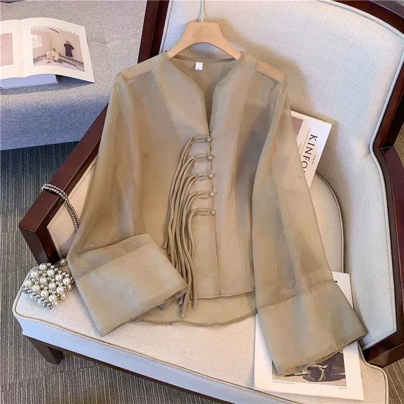 New Chinese Fashion Western Style Thin Shirt Women's Button Chiffon Shirt Summer Loose Sun Protection Office Lady's Solid Blouse