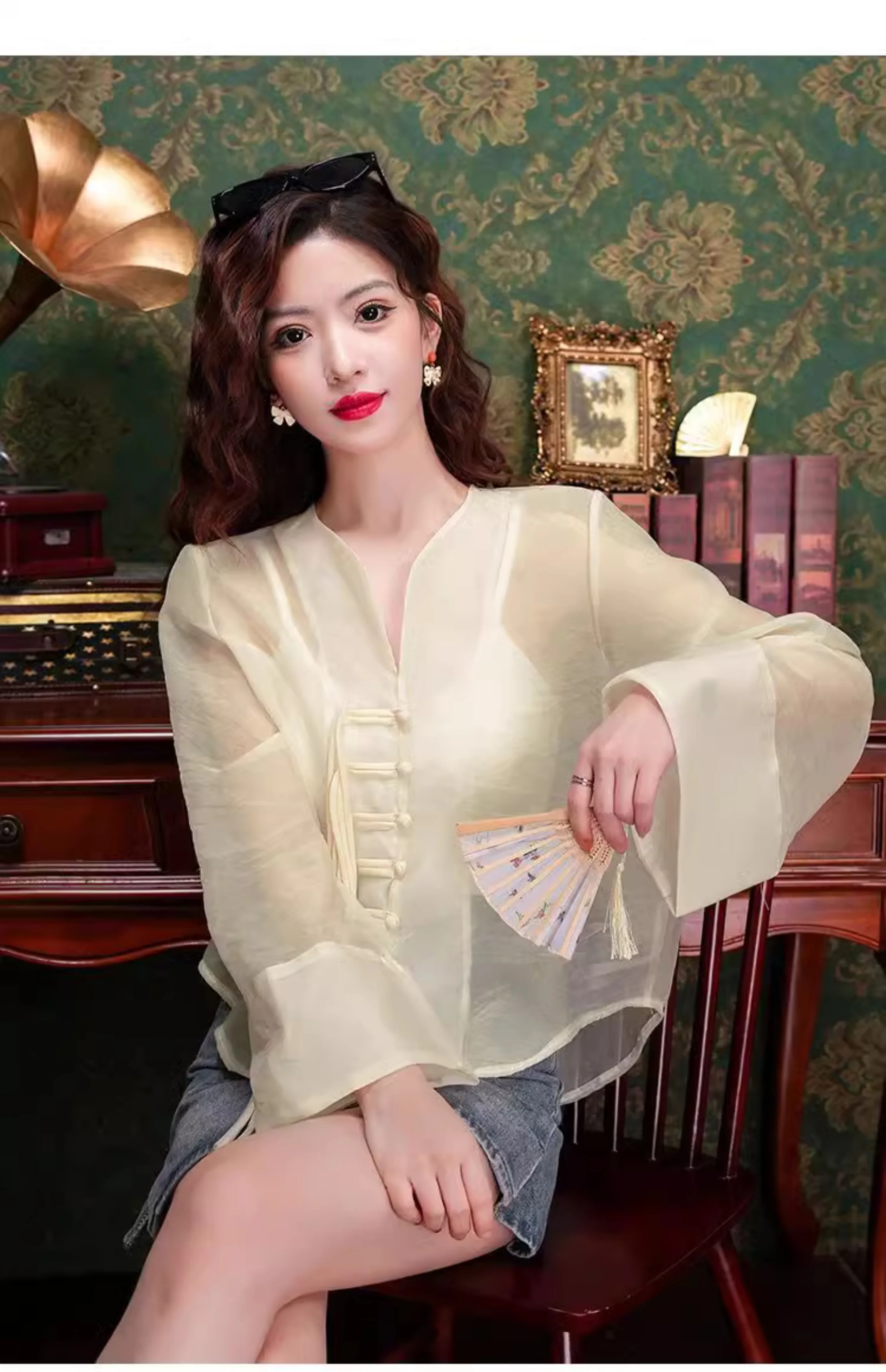New Chinese Fashion Western Style Thin Shirt Women's Button Chiffon Shirt Summer Loose Sun Protection Office Lady's Solid Blouse