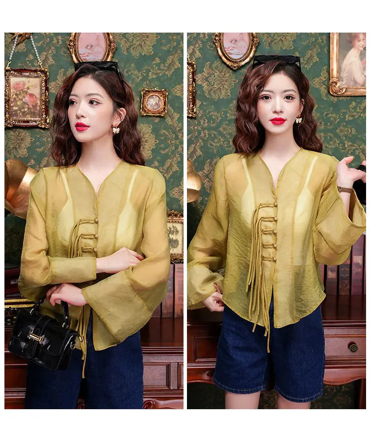 New Chinese Fashion Western Style Thin Shirt Women's Button Chiffon Shirt Summer Loose Sun Protection Office Lady's Solid Blouse