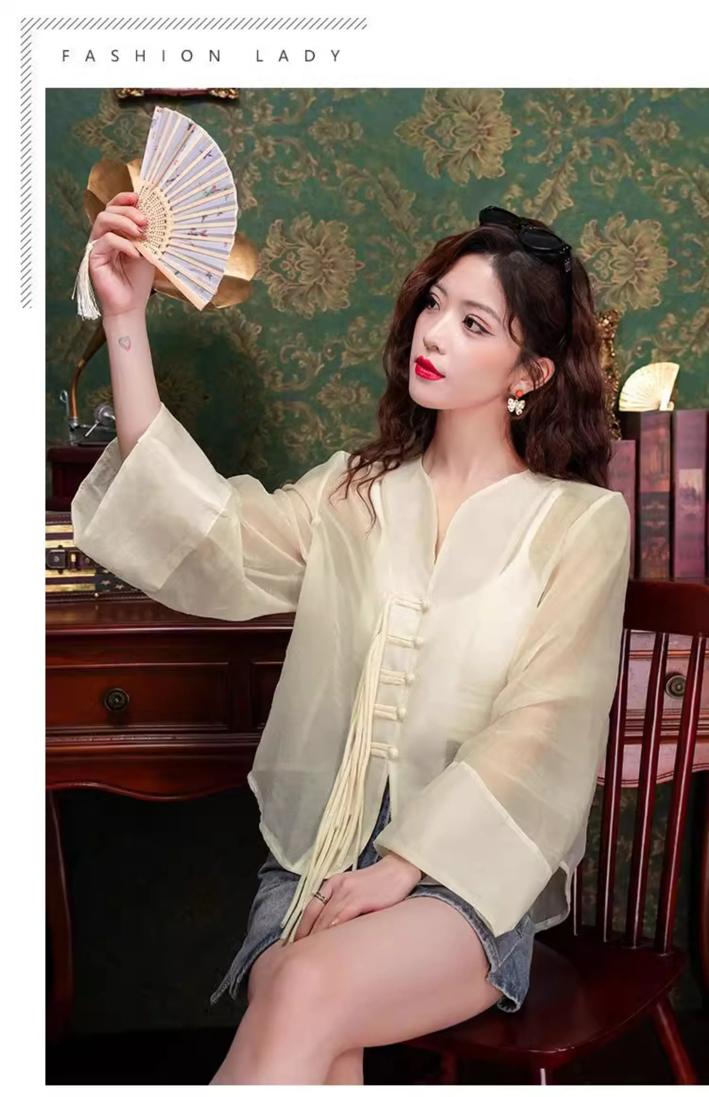 New Chinese Fashion Western Style Thin Shirt Women's Button Chiffon Shirt Summer Loose Sun Protection Office Lady's Solid Blouse