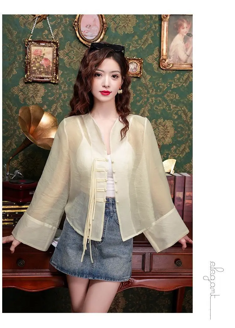 New Chinese Fashion Western Style Thin Shirt Women's Button Chiffon Shirt Summer Loose Sun Protection Office Lady's Solid Blouse