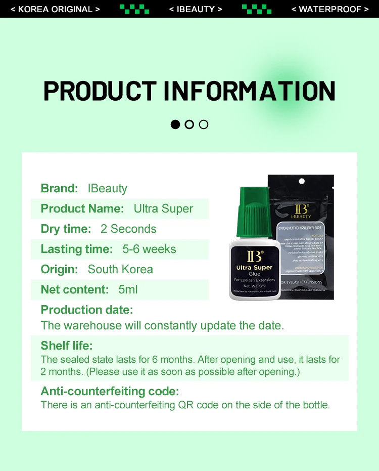 Korea Original IB Ultra Super Glue for Eyelash Extensions 5ml Professional IB Green Cap Glue False Lash Adhesive Makeup Tools