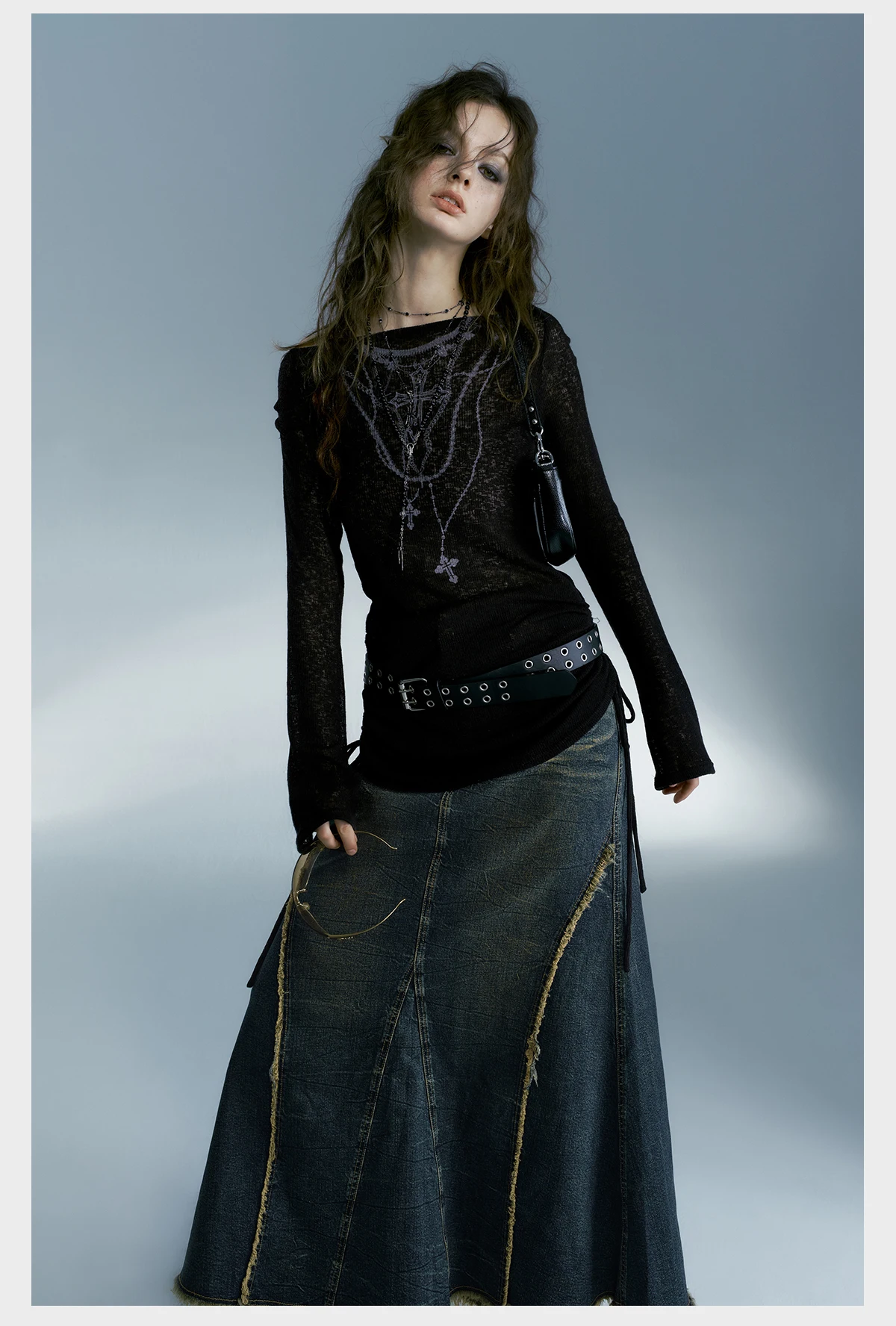 Karrcat Grunge Aesthetics Knitted Tops Vintage Tattoo Print T-shirt Wasteland Punk Black Ribbed Tee Shirt Gothic Alt Streetwear