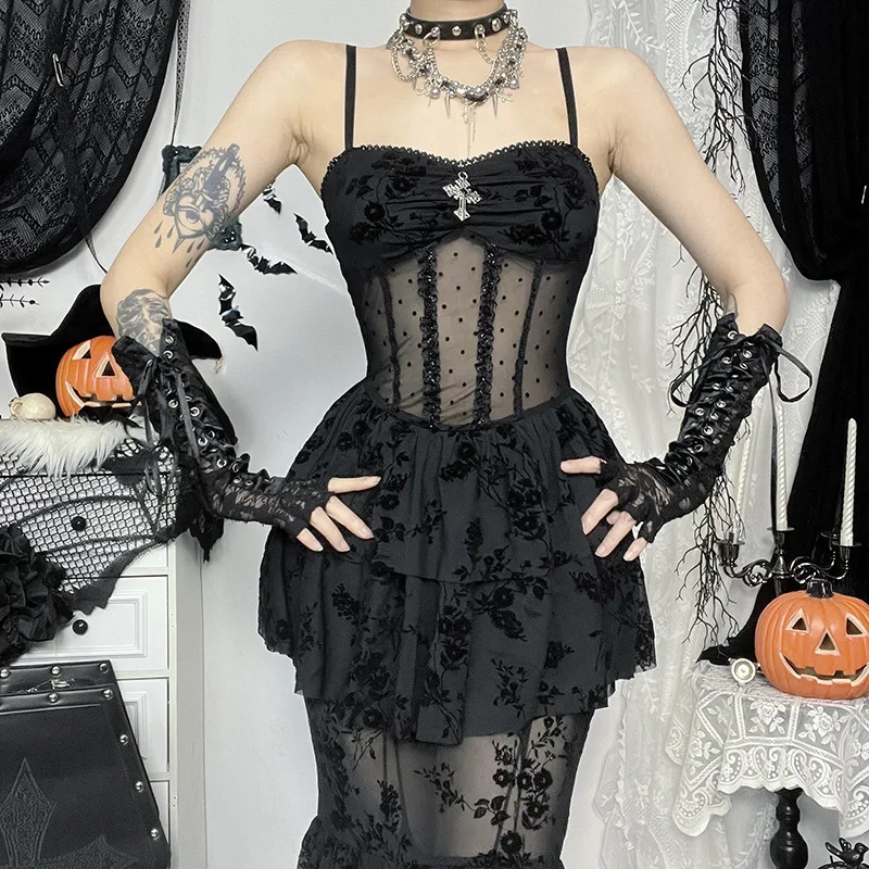 AltGoth Fairycore Grunge Gothic Midi Dress Women Streetwear Sexy Aesthetic Spaghetti Strap Flocking See Through Corset Dresses