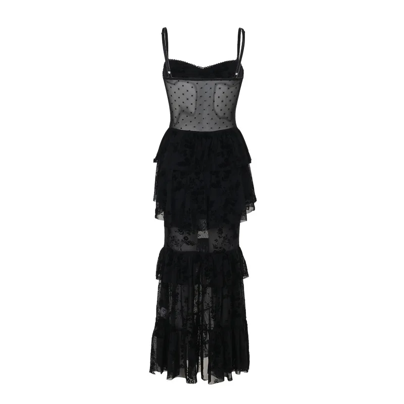 AltGoth Fairycore Grunge Gothic Midi Dress Women Streetwear Sexy Aesthetic Spaghetti Strap Flocking See Through Corset Dresses
