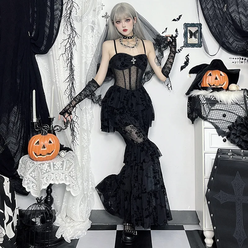 AltGoth Fairycore Grunge Gothic Midi Dress Women Streetwear Sexy Aesthetic Spaghetti Strap Flocking See Through Corset Dresses