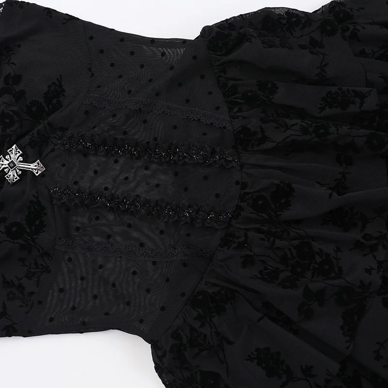AltGoth Fairycore Grunge Gothic Midi Dress Women Streetwear Sexy Aesthetic Spaghetti Strap Flocking See Through Corset Dresses