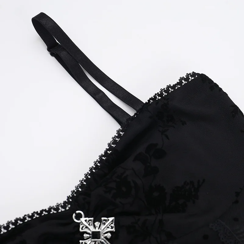 AltGoth Fairycore Grunge Gothic Midi Dress Women Streetwear Sexy Aesthetic Spaghetti Strap Flocking See Through Corset Dresses