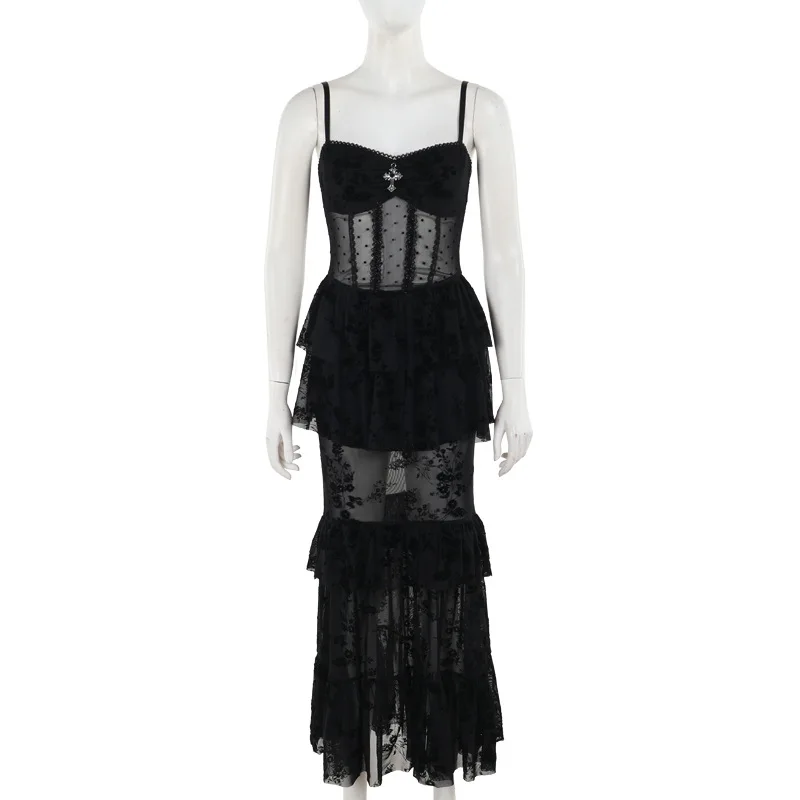 AltGoth Fairycore Grunge Gothic Midi Dress Women Streetwear Sexy Aesthetic Spaghetti Strap Flocking See Through Corset Dresses