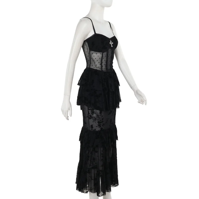 AltGoth Fairycore Grunge Gothic Midi Dress Women Streetwear Sexy Aesthetic Spaghetti Strap Flocking See Through Corset Dresses