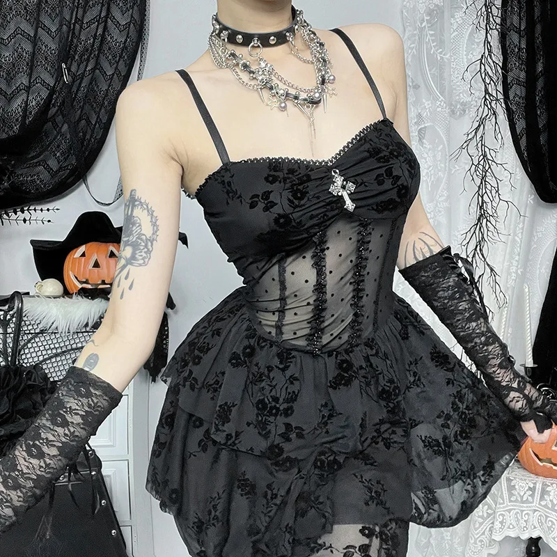 AltGoth Fairycore Grunge Gothic Midi Dress Women Streetwear Sexy Aesthetic Spaghetti Strap Flocking See Through Corset Dresses