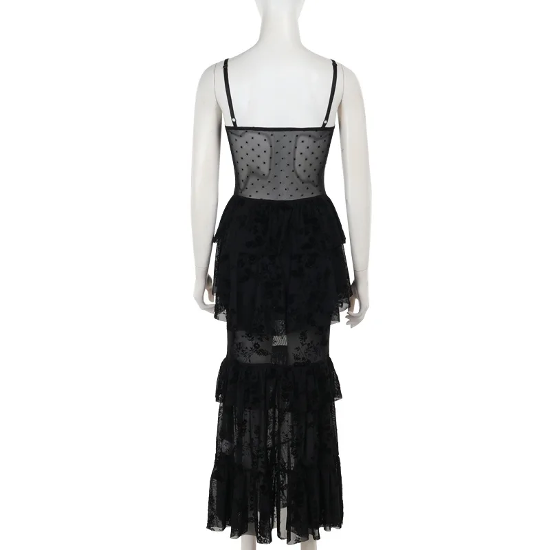 AltGoth Fairycore Grunge Gothic Midi Dress Women Streetwear Sexy Aesthetic Spaghetti Strap Flocking See Through Corset Dresses
