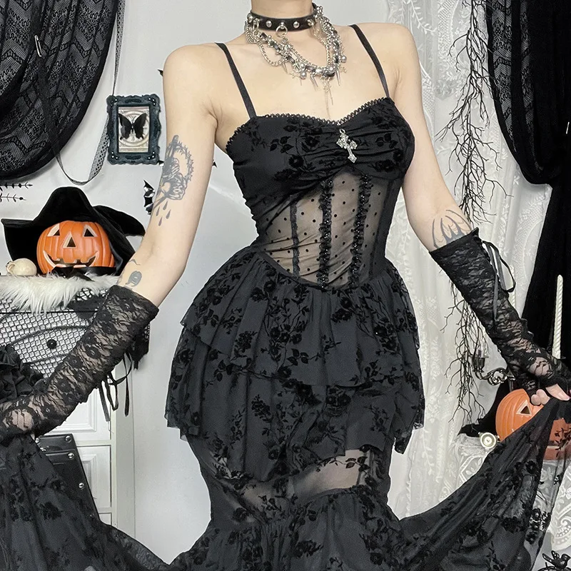 AltGoth Fairycore Grunge Gothic Midi Dress Women Streetwear Sexy Aesthetic Spaghetti Strap Flocking See Through Corset Dresses