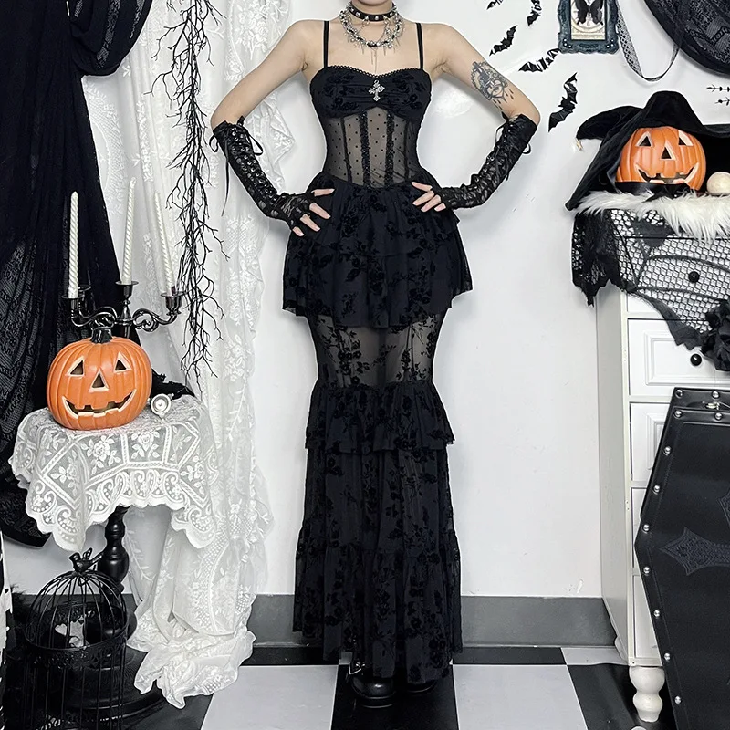 AltGoth Fairycore Grunge Gothic Midi Dress Women Streetwear Sexy Aesthetic Spaghetti Strap Flocking See Through Corset Dresses