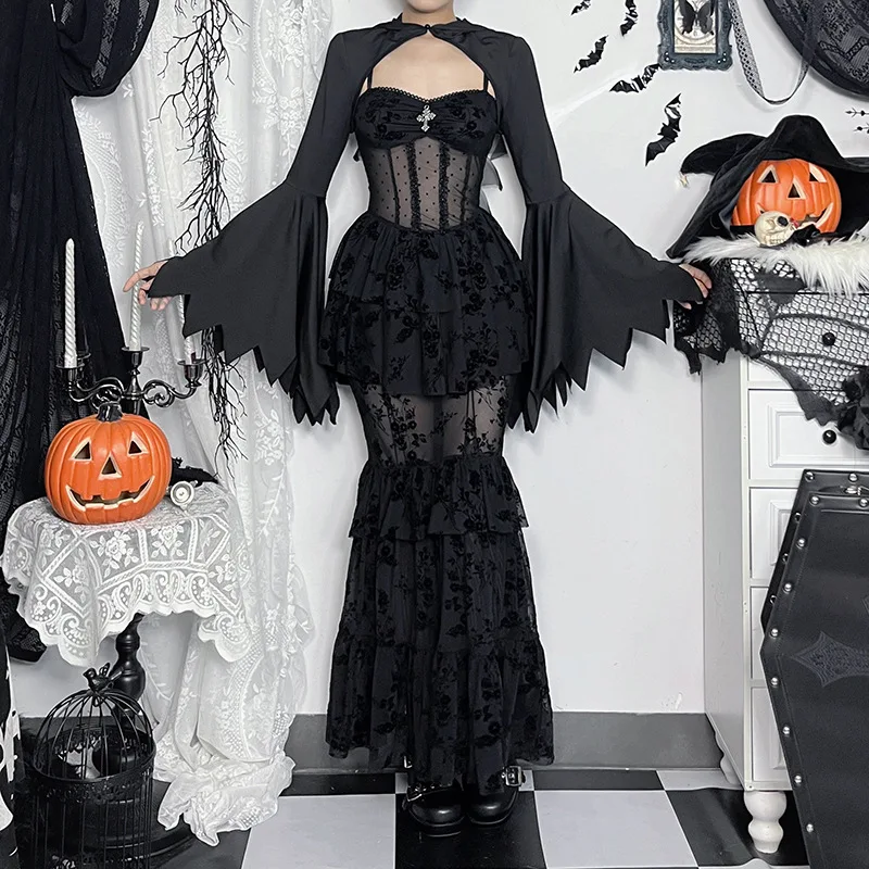 AltGoth Fairycore Grunge Gothic Midi Dress Women Streetwear Sexy Aesthetic Spaghetti Strap Flocking See Through Corset Dresses