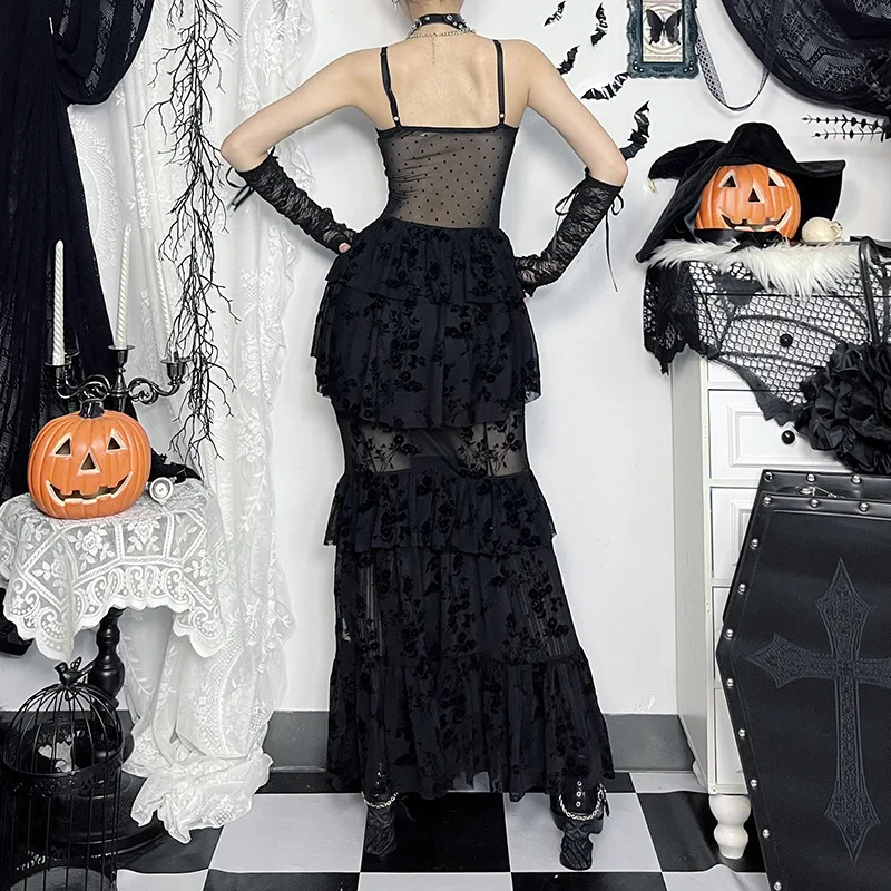 AltGoth Fairycore Grunge Gothic Midi Dress Women Streetwear Sexy Aesthetic Spaghetti Strap Flocking See Through Corset Dresses