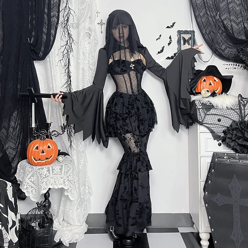 AltGoth Fairycore Grunge Gothic Midi Dress Women Streetwear Sexy Aesthetic Spaghetti Strap Flocking See Through Corset Dresses