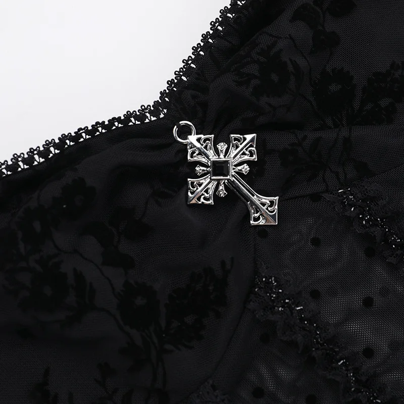 AltGoth Fairycore Grunge Gothic Midi Dress Women Streetwear Sexy Aesthetic Spaghetti Strap Flocking See Through Corset Dresses