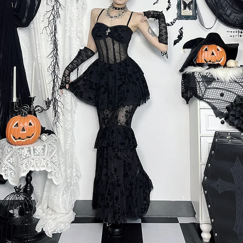 AltGoth Fairycore Grunge Gothic Midi Dress Women Streetwear Sexy Aesthetic Spaghetti Strap Flocking See Through Corset Dresses