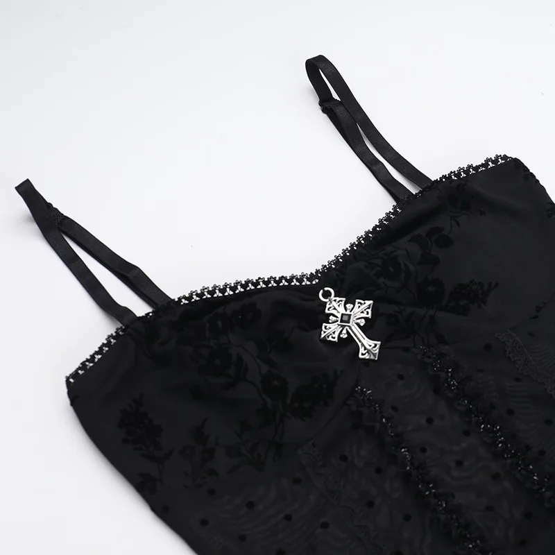AltGoth Fairycore Grunge Gothic Midi Dress Women Streetwear Sexy Aesthetic Spaghetti Strap Flocking See Through Corset Dresses
