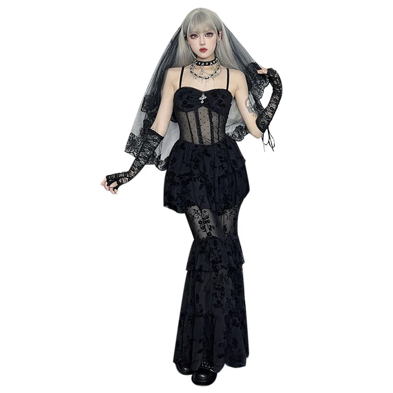 AltGoth Fairycore Grunge Gothic Midi Dress Women Streetwear Sexy Aesthetic Spaghetti Strap Flocking See Through Corset Dresses