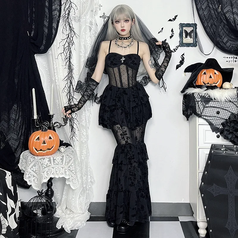 AltGoth Fairycore Grunge Gothic Midi Dress Women Streetwear Sexy Aesthetic Spaghetti Strap Flocking See Through Corset Dresses