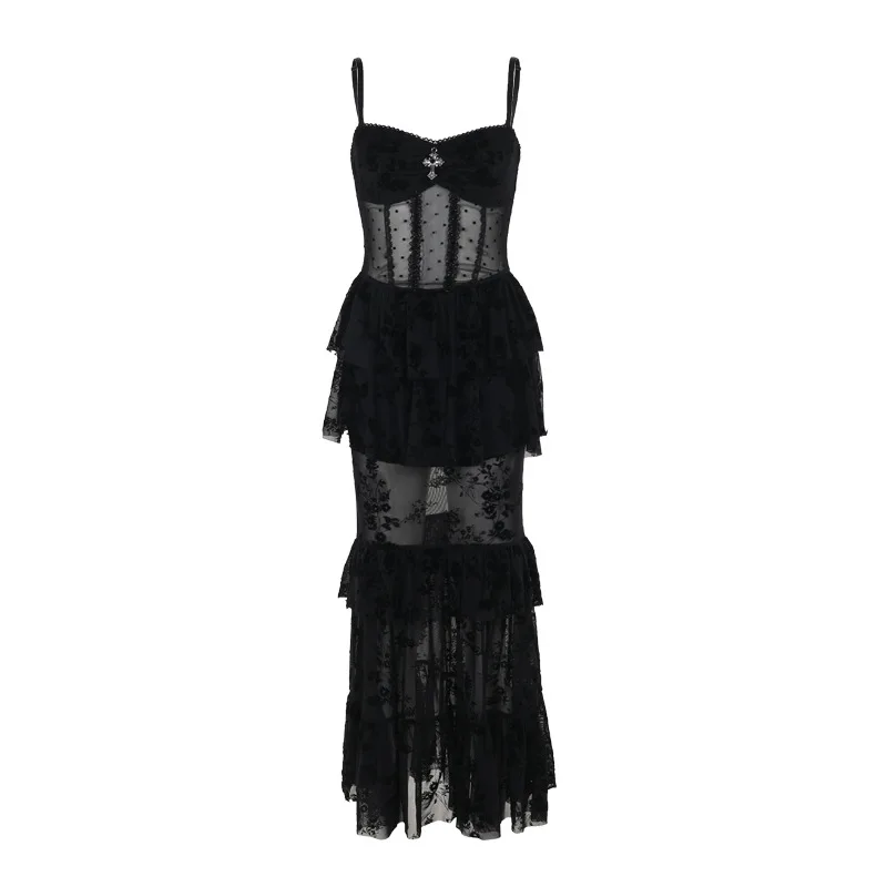 AltGoth Fairycore Grunge Gothic Midi Dress Women Streetwear Sexy Aesthetic Spaghetti Strap Flocking See Through Corset Dresses
