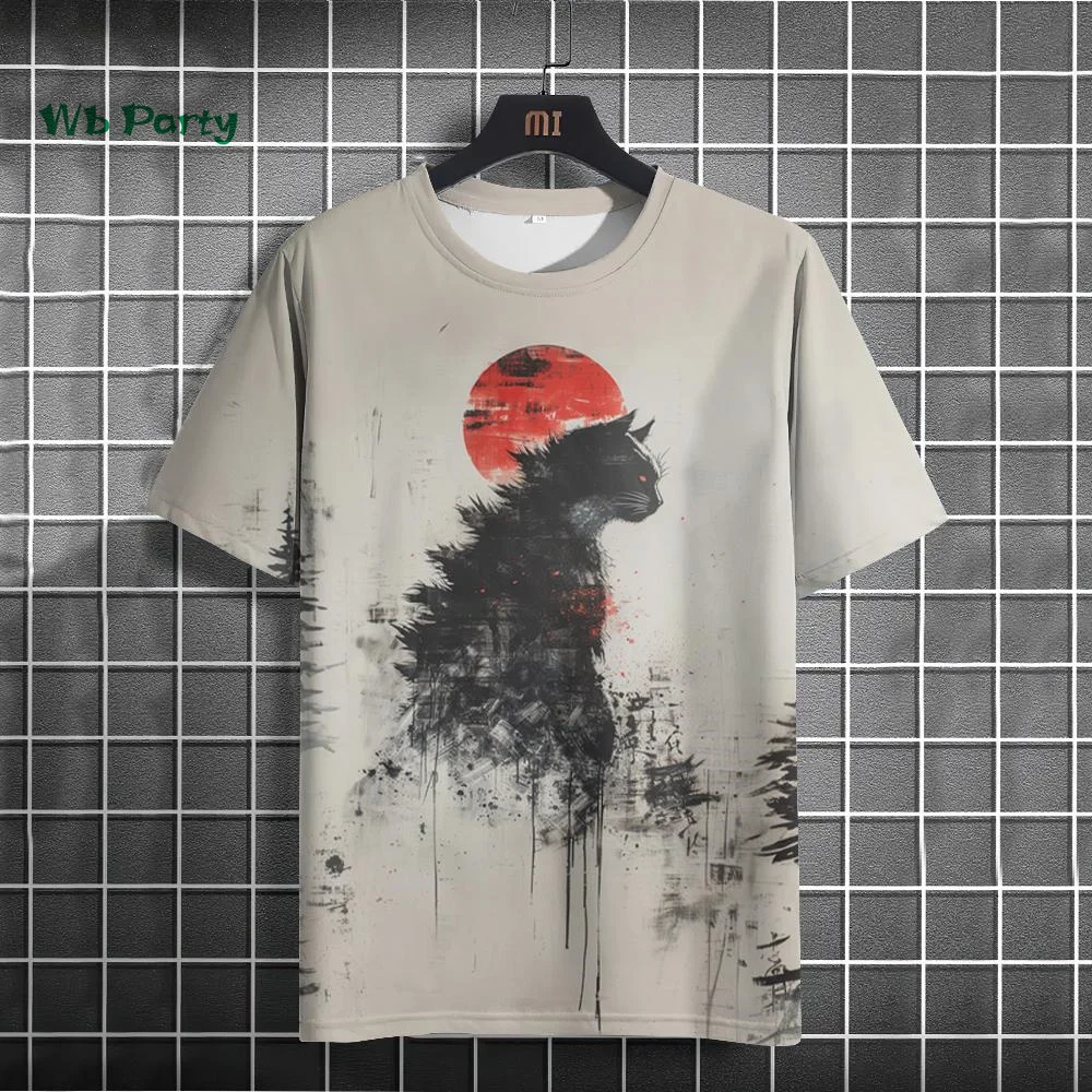 Japanese Men's T-Shirt Ukiyo-E Cat Print Short Sleeve T-Shirt Casual Harajuku Tops Summer Men's Daily Outdoor Oversized Clothing