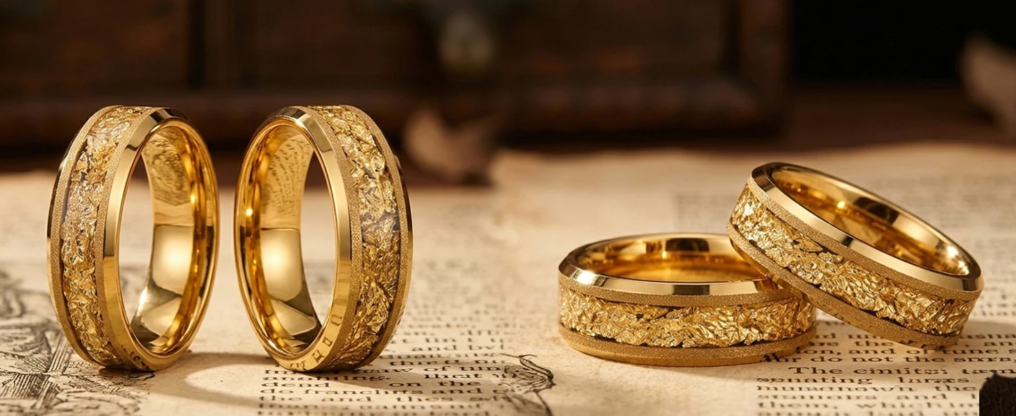 8MM Gold Color Tungsten Carbide Men’s Wedding Bands Inlaid Gold Leaf Comfort Fit Fashion Jewelry Engagement Ring Promise Rings
