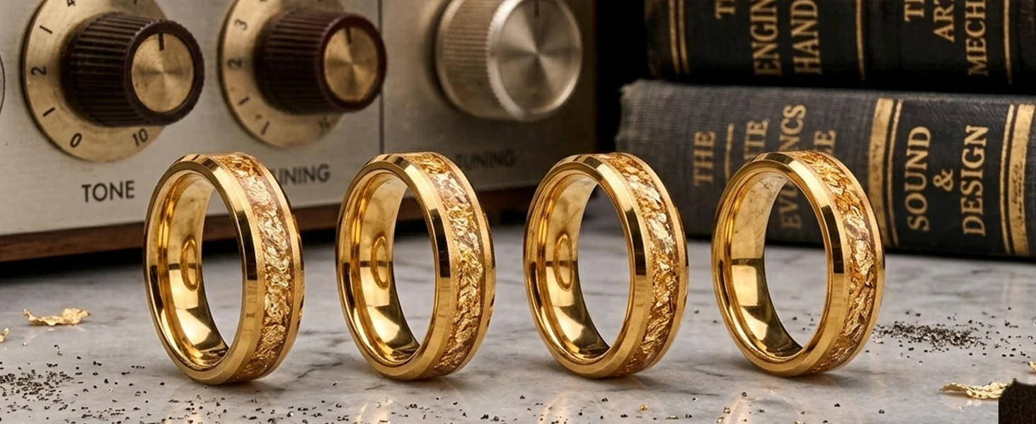 8MM Gold Color Tungsten Carbide Men’s Wedding Bands Inlaid Gold Leaf Comfort Fit Fashion Jewelry Engagement Ring Promise Rings
