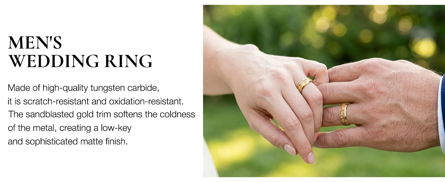 8MM Gold Color Tungsten Carbide Men’s Wedding Bands Inlaid Gold Leaf Comfort Fit Fashion Jewelry Engagement Ring Promise Rings