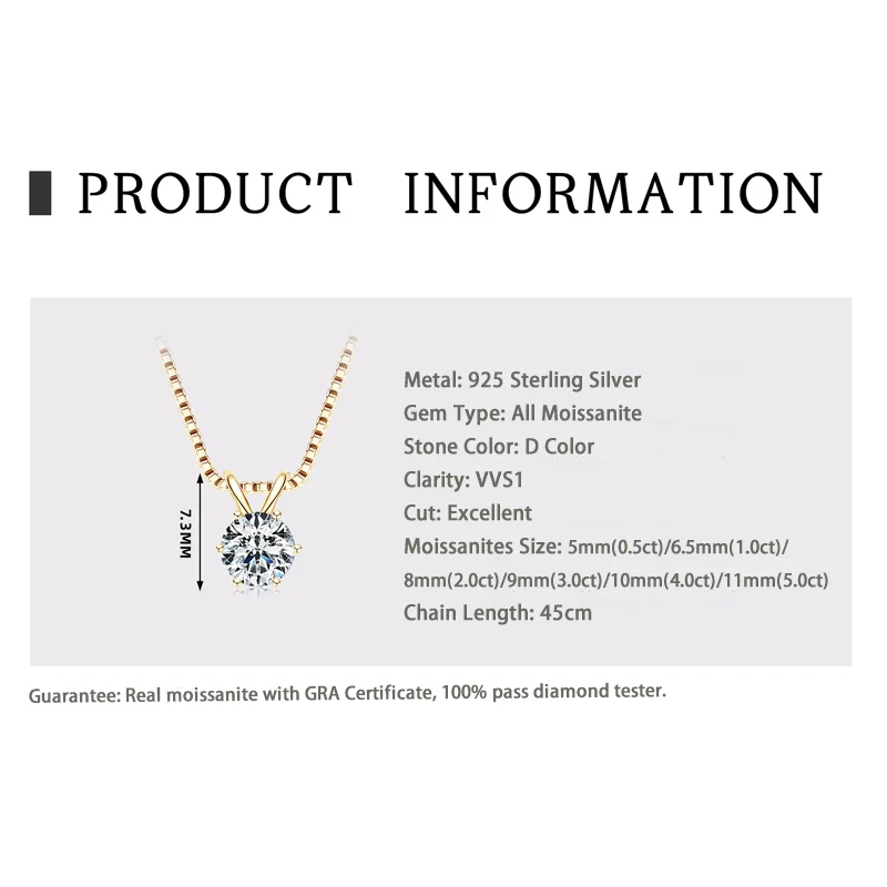 RAPRGOLD Certified 0.5-5ct Moissanite Pendant Necklaces S925 Sterling Silver Solitaire Necklace Chains For Women Jewellry Gifts